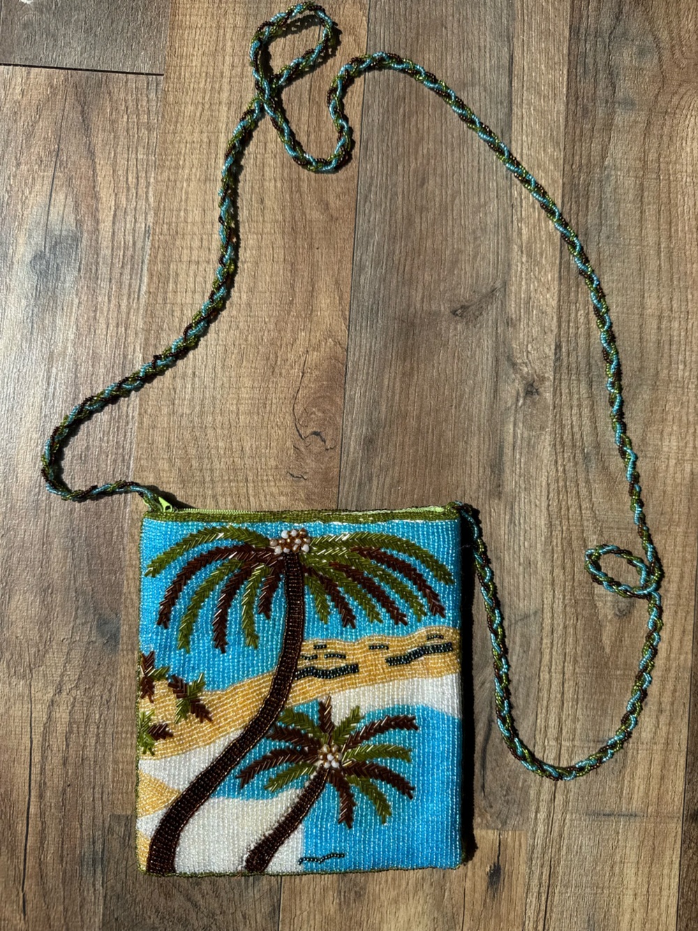 Beaded Palm Tree Crossbody Bag in Turquoise and Brown